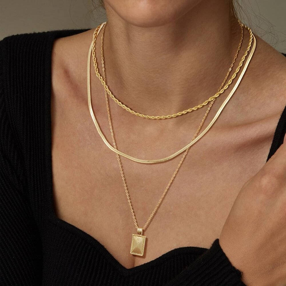 Women's Layered Gold Silver Stackable Stack 14K Real Gold Plated Chain Necklace - Picture 4 of 9